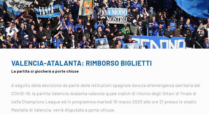 Valencia e Sassuolo, arrivano i rimborsi per i tifosi dell’Atalanta: ecco come ottenerli