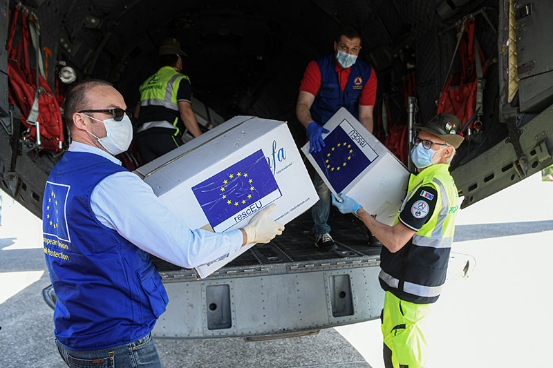 A Military airplane from Bucharest, Romania arrives in Milan, Italy bringing in DPI protections, part of Operation RescEU in the context of the COVID-19 pandemic