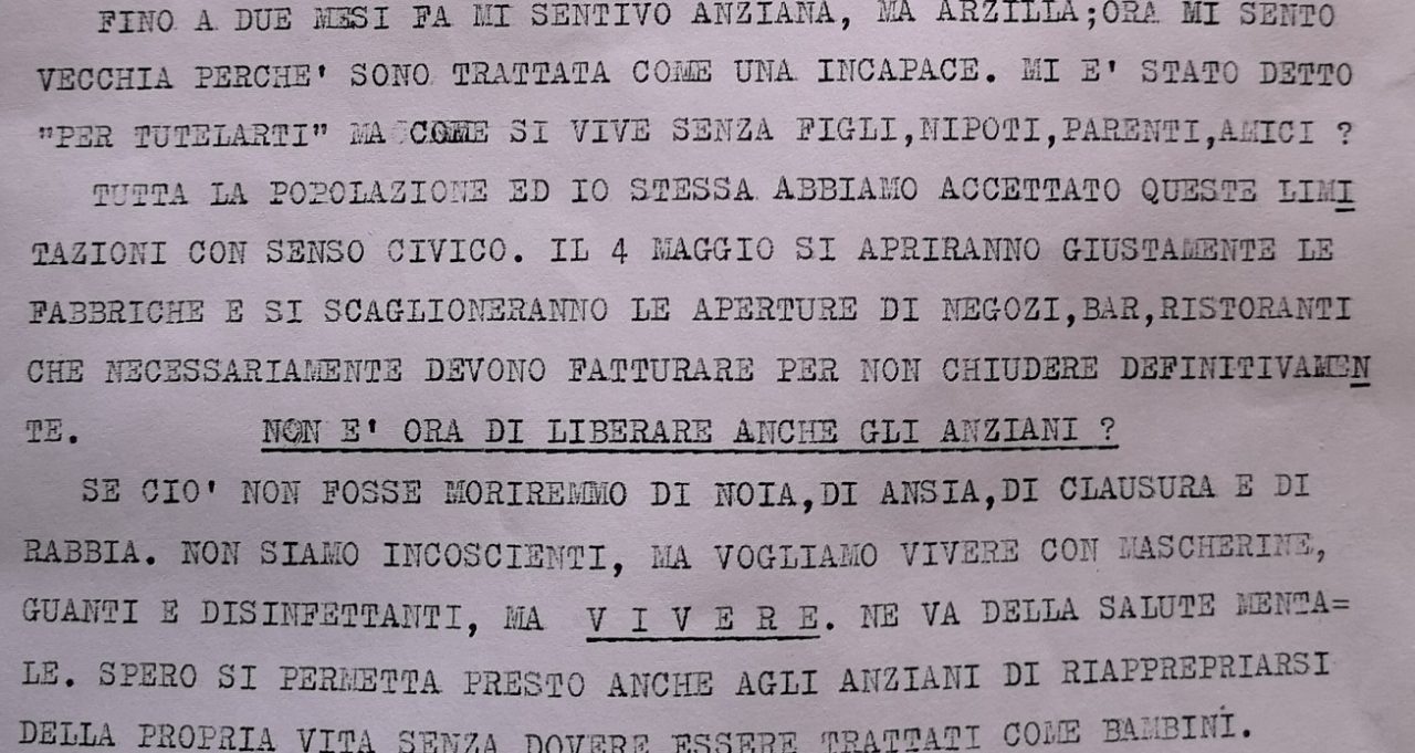 «Prima mi sentivo anziana ma arzilla, adesso mi sento vecchia: liberate anche noi anziani!»