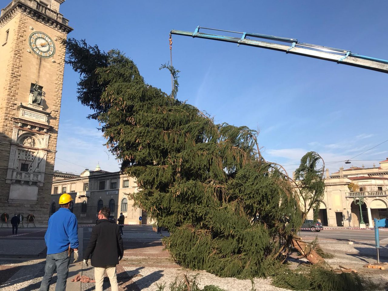 Le foto e il video dell’arrivo a Bergamo dell’albero di Natale donato dalla Val Seriana