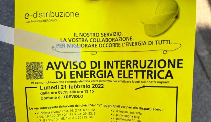«Il 21 febbraio interruzione dell’elettricità a Treviolo», ma l’avviso è affisso a Bergamo
