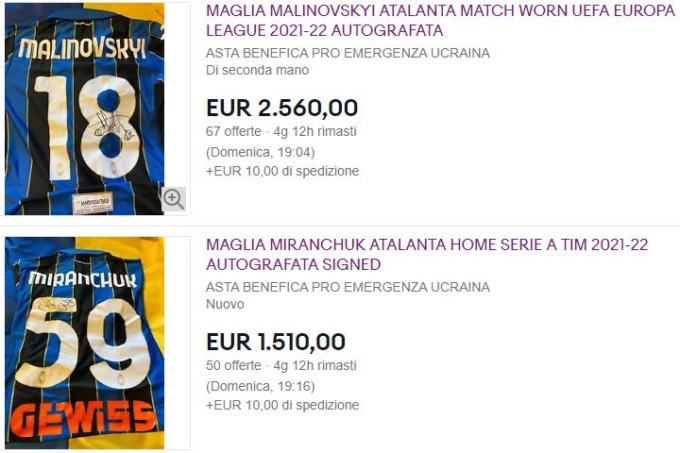 Asta delle maglie pro-Ucraina di Malinovskyi, offerte a 10.499 euro (c’è tempo fino a domenica)