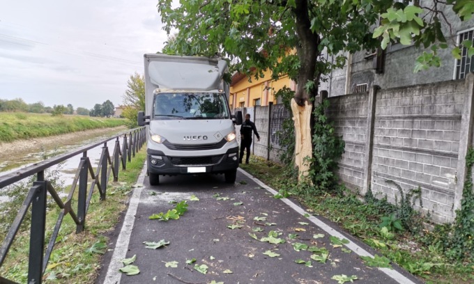 Camioncino sulla pista ciclabile: si incastra contro un albero