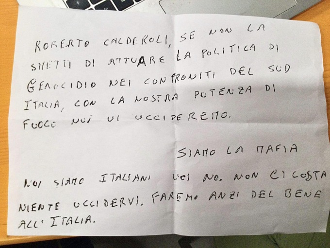 Lettera minatoria al ministro Roberto Calderoli: «Se non smetti con genocidio del Sud, vi uccideremo»