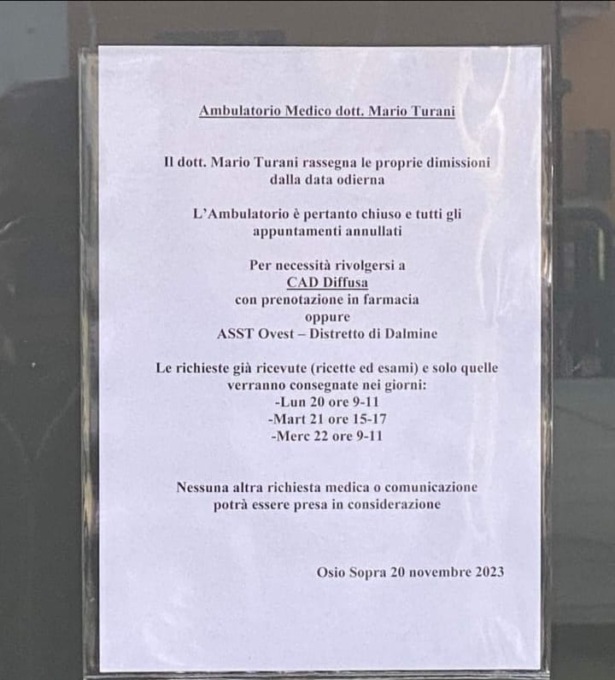 «Tutti gli appuntamenti sono annullati»: il medico se ne va definitivamente da Osio Sopra