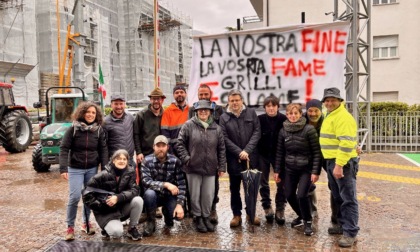 Albino, la protesta dei trattori in via Mazzini: «Meno grilli e più salame»