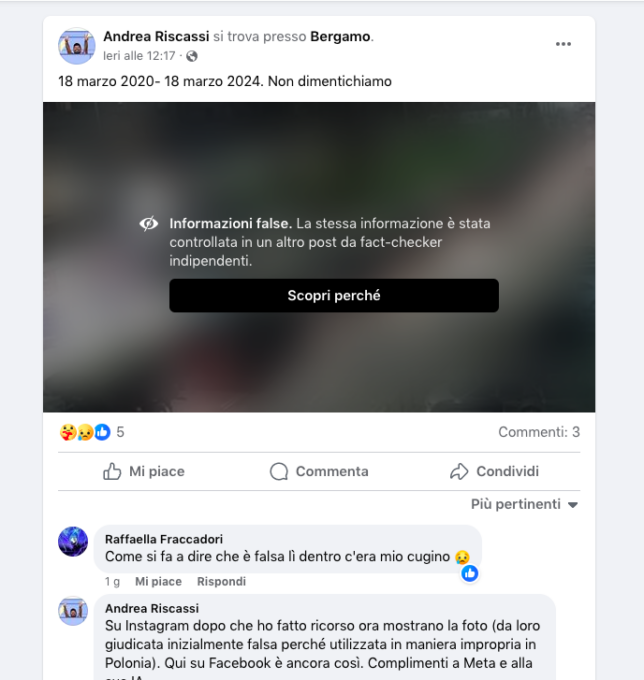 Facebook non lascia vedere l’immagine dei carri militari a Bergamo: bollata come “fake news”