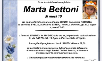 Vigolo si stringe intorno alla famiglia di Marta, che si è spenta a 10 mesi per una malattia rara