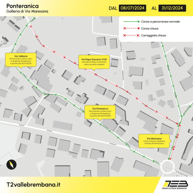 I lavori per la T2 e i cambi alla viabilità a Ponteranica: «Disagi incredibili fino a fine anno»