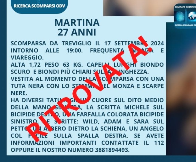 Martina Albano, la 27enne scomparsa da Treviglio, è stata ritrovata