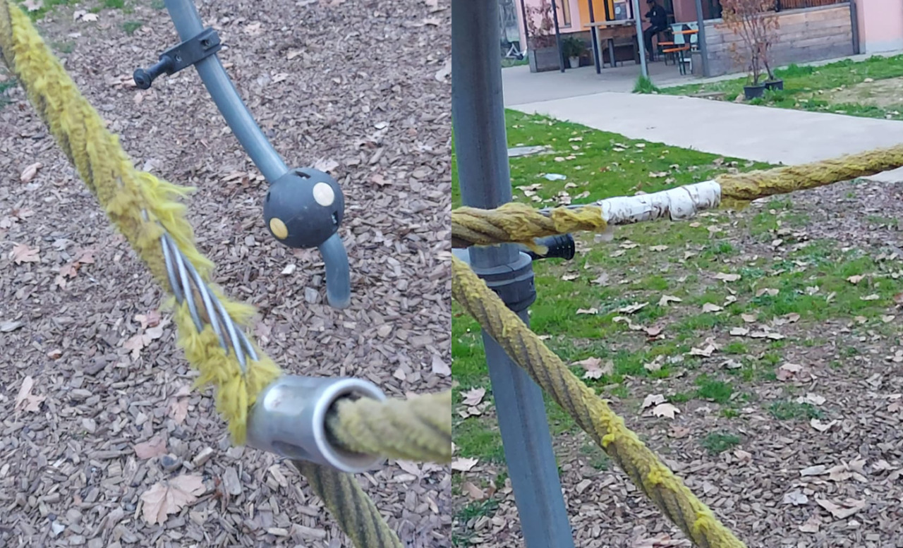 Il parco giochi al Villaggio degli Sposi ha bisogno di manutenzione: «Cavi metallici esposti, un pericolo per i bambini»