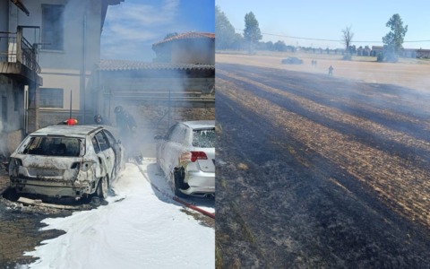 Due auto distrutte dalle fiamme a Ghisalba, campo di mais in fumo a Calcinate